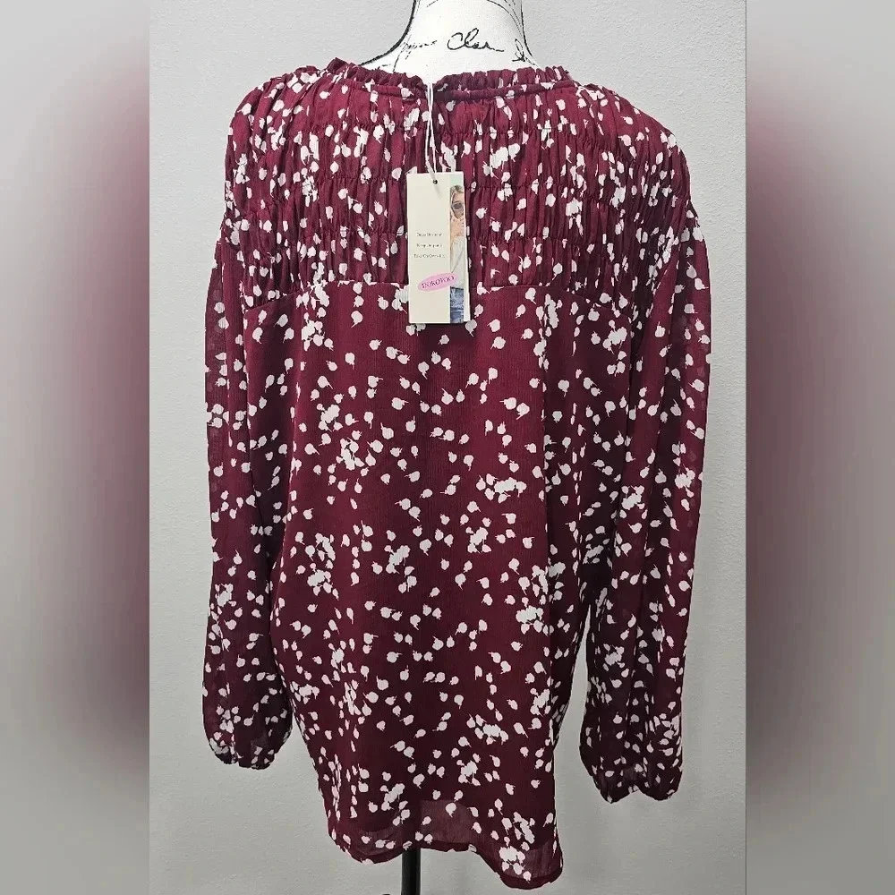 Dokotoo Women's Casual V Neck Alicia Smocked Long Sleeve Chiffon Blouse Size 2XL - Picture 6 of 16